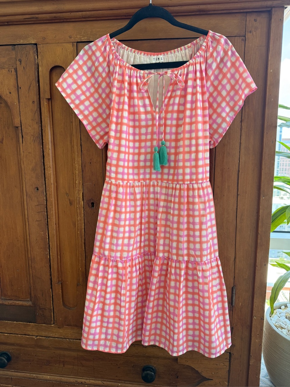 THML Pink and White Check Tie-Neck Tiered Dress with Teal Tassels
